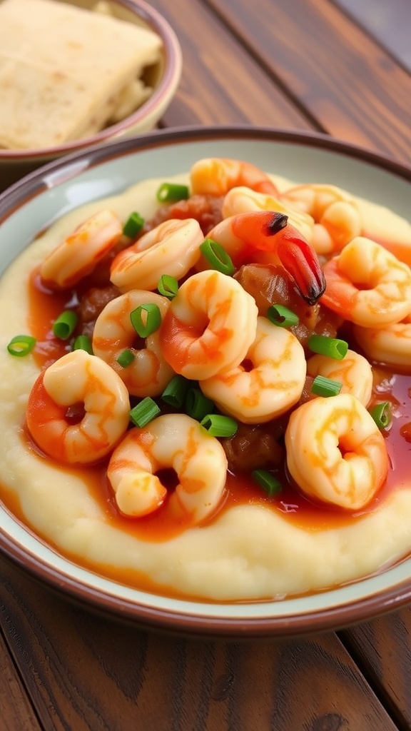 Savory Shrimp and Grits Delight A delicious serving of shrimp and grits with succulent shrimp on creamy grits, garnished with green onions.